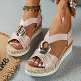 Large-Size Metal Buckle Slope Heel Sandals Women Linen Tight With Thick Bottom Beach Cool