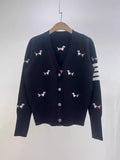 College Wind Puppy Embroidery V Collar Knitted Cardigan Sweater Coat Four Bar Thin Japanese, South Korea, Japan And South Korea