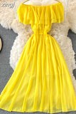 Chiffon Dress Women Sexy Slash Neck Ruffle Robe Elegant Ruffle High Waist Vestidos Female Beach Vacation
