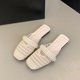 Version Of Baotou Pearl Half Slippers Women Wear 2025 Summer New One-Legged Lazy Shoes Square Casual Single