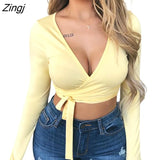 Women's Wrap Top Sexy Deep V Neck Knot Front Long Sleeve Basic Tee Strappy T shirt Tops Summer Casual Short