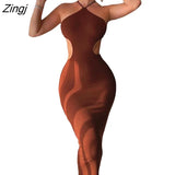Women Fashion Solid Color Back Lace-up Bodycon Dress Sleeveless Backless Hanging Neck Casual Street Tight Long