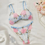 Blue Sheer Rose Embroidered Lingerie Set- Outfit
