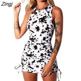 Women Ladies Sleeveless O neck Drawstring Bodycon Slim Summer Casual Party Mini