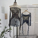 Shot Raging Butterfly Embroidery Y2k Babes Punk Word Shoulder Tie-Dye Mesh T-Shirt With Short Top