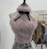 Bow Decorative Hair Splicing Elastic Hanging Neck Vest Outside Wearing Hairy Short Grinding Coat
