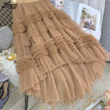 Tulle Long Skirt Women Vintage Gothic High Waist Midi Skirt Korean Style Soft Mesh Fluffy Tutu Skirt Female Jupe
