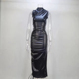 Zingj Women's Summer 2023 Fashion Standing Collar Sleeveless Long Drawstring PU Leather