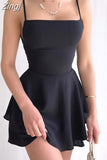 Sexy Women Suspender Strap Playsuits Fashion Square Neck Tie-up Backless Double-layer Ruffles Short Dress