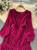 Autumn Women Draped Chiffin Dress Femael Vintage Round Neck Puff Long Sleeve High Waist A-Line Loose Pleated Robe