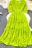 Women Pleated Long Dress Vintage V-Neck Short Sleeve High Waist A-Line Green/Blue/Brown Big Swing Maxi Vestidos