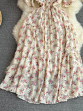 Women Floral Lace Midi Dress Vintage Square Collar Short Sleeve High Waist A-Line Slim Flower Printed Vestidos