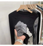 Zingj 2024 New, Tie-Dye Stitching Long-Sleeved T-Shirt Round Collar Slim Color Bright Line Design Short Top