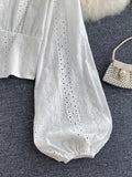 Hollow Out Women's Blouse Elegant Deep V-Neck Slim Short Shirts Female Puff Long Sleeve White Tops Autumn 2023 Blusas