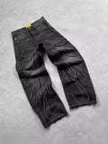 Loose Wide-Leg Retro American High-Set Retro Black Patchwork Hole Jeans
