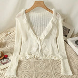 Ruffles Cardigan Slim Women Casual Transparent Sweater Shirts Lady Thin Solid Coats Female Crop