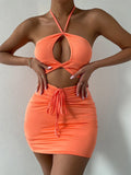 Women Two Piece Dress Suit Sexy Bra Tube Cropped Tops+ Skirt Suit High Waist Drawstrings Bodycon Mini Skirt Sets