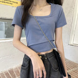 Zingj Short T-Shirt Female Solid Color 2024 New High Waist Slim Show Thin Hot Girl All-Match Short-Sleeved Square Collar Top