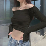 New Sexy Double Mesh Top Sweet One-Word Shoulder Wrinkle Horn Long-Sleeved T-Shirt