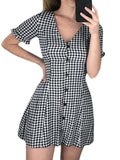 Women's Temperament Lattice V-Neck Thin Buckle Short Sleeve A-Character Dress Short