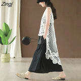Tanks Women Simple Hollow Out Floral O-neck All-match Retro Fashion Korean Style Loose Chic Ladies Tops Summer