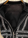 Women Black Beading Zipper Bodycon Dress Elegant Stand Collar Long Sleeve High Waist Sheath Mini Vestidos Female New