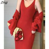 Autumn Casual Knitting 2 Pieces Set Women Knitted Cardigan + Backless Sexy V-neck Strap Dress Female Korean Party Chic