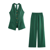 Fragrant Cotton Lint Neck Vest Set Of Women's Summer With Light Luxury High-End Trousers Two