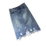 VAREY LIN 2025 New Spring Women Denim Skirts Casual Lace Irregular A-line Skirts High Waist Hole Split Denim Skirt Lady 211-0-Outfit