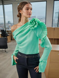 Fashion One-Shoulder Collar Shirt 2025 New Spliced Lotus Leaf Side Flower Design Long-Sleeved Shirt Top