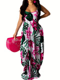Zingj Fashion Summer Floral Print Halter Dress Casual Loose Sleeveless U-Neck Women's Dress-Outfit