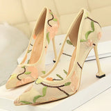 Shoes Woman Pumps Flower Embroidery Lace High Heels Sexy Party Shoes Stiletto Fashion Women Heels Mesh Women