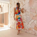 Zingj Years Holiday Style Fashion Print Hanging Neck Sleeveless Waist