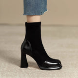 Autumn And Winter Retro Thick Heel Short Boots Women's Splicing Waterproof Platform Simple Elastic Thin Boots High Heel Short Tube Single