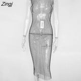 Crystal Diamond Mesh Sexy Bodycon Dress Women Hollow Out Fishnet Summer Beach Knee-Leng Dress Transparent Party