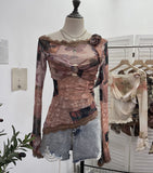 Shooting Lace Splicing Oblique Shoulder Thin Tie-Dye Mesh T-Shirt Girl T-Shirt T-Shirt Shawl T-Shirt