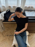 Xixi 2025 Autumn Black Standard Temperament Boat Collar Body-Bottomed Knitted Short-Sleeved T-Shirt For Women