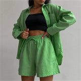 Sleeve Solid Green Shirt Casual Fashion Tops Summer Cotton Suit Two Piece Set Homewear Set Trousers Straight Shorts