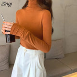 Sleeve T-shirts Women Solid Simple Basic All-match Korean Trendy Womens Tops Daily Soft Autumn Popular Ladies Clothing
