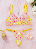 Yellow Heart Embroidery Mesh Lingerie Set- Outfit