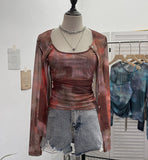 Babes Tie-Dye Net Yarn Sunscreen Cardigan Two Sets Of Sling Vest + Long-Sleeved Shirt Top