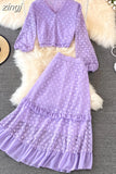 Lace Two Piece Set Vintage V-Neck Puff Long Sleeve Short Blouse + High Waist A-Line Ruffle Skirt Female