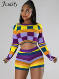 Women Winter 2023 New Colorful Plaid Printed Street Casual National Style Sweater Two Pieces Sets Elastic Skinny