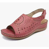 2025 Summer New Sloped Sandals Women's Hollow Flat Heel Toe Buckle With Retro Hole