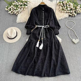 Heavy Industry Embroidery Hook Flower Lantern Sleeves To Close The Waist Dress Female High-Grade Feeling Thin Temperament Reduce The Age Of The Long