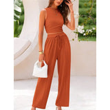 Summer Knitting Casual Suit Sleeveless Round Collar Short Repair Body Broad Leg Pants Two