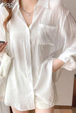 Korean Fashion Wrinkle Women Sun Proof Shirt Elegant Ice Silk Long Sleeve White Blouse Loose All Match Lazy Wind Tops