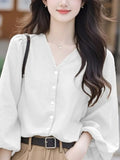 V-Neck Lantern Sleeve Top Women's Dress 2025 New Early Spring Ocean Design Wears French Chic