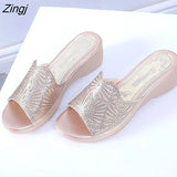 new women's slippers comfortable breathable wedge with thick bottom versatile mesh rhinestone slippers