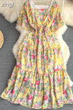 Women Floral Lace Midi Dress Vintage Square Collar Short Sleeve High Waist A-Line Slim Flower Printed Vestidos